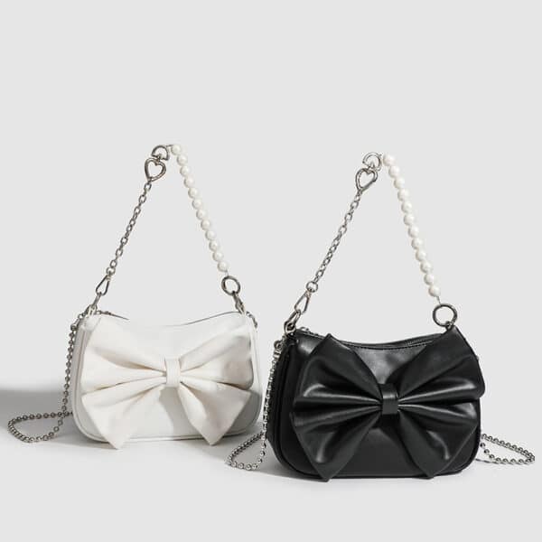 Black White PU Bow Handbags Autumn Winter Ladies Underarm Tote Bags Fashion Small Purse - Image 4