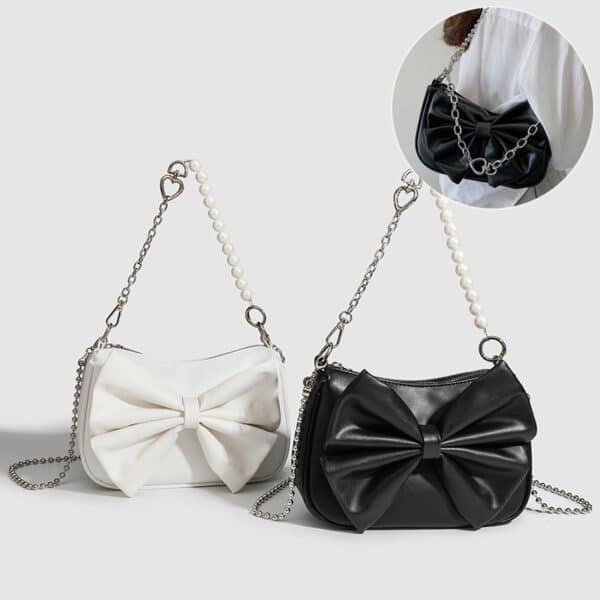 Black White PU Bow Handbags Autumn Winter Ladies Underarm Tote Bags Fashion Small Purse