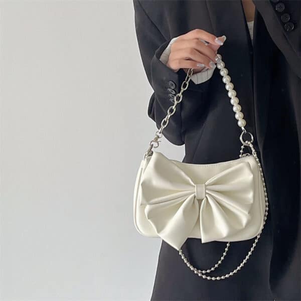 Black White PU Bow Handbags Autumn Winter Ladies Underarm Tote Bags Fashion Small Purse - Image 7