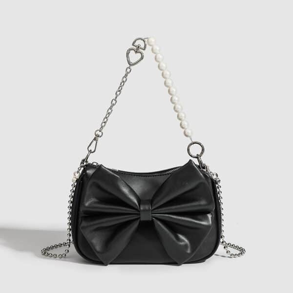 Black White PU Bow Handbags Autumn Winter Ladies Underarm Tote Bags Fashion Small Purse - Image 3